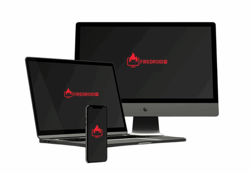 Mockup of FireDroid TV live streaming app displayed on smartphone, laptop, and desktop devices.